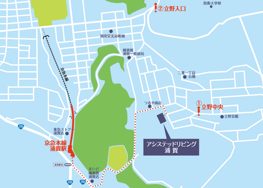 神奈川県横須賀市の有料老人ホーム「アシステッドリビング浦賀」の周辺地図